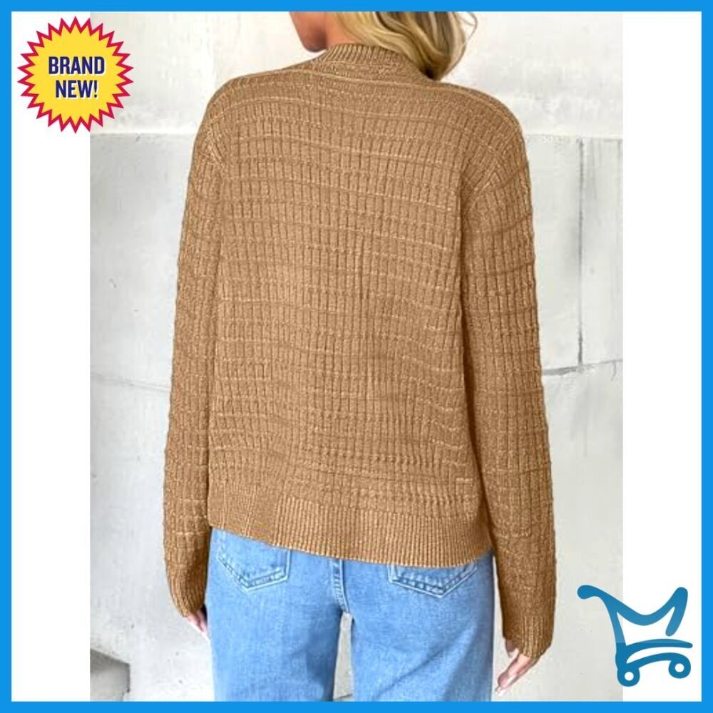 Chunky Knit Cardigan Open Front Cropped Crew Neck Button Down Sweater Chic - Picture 4 of 7